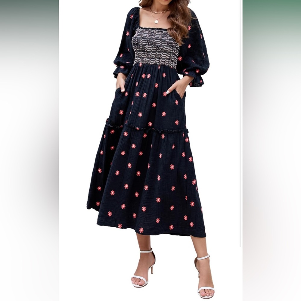 Floral Embroidered Midi Dress with Puff Sleeves- Medium